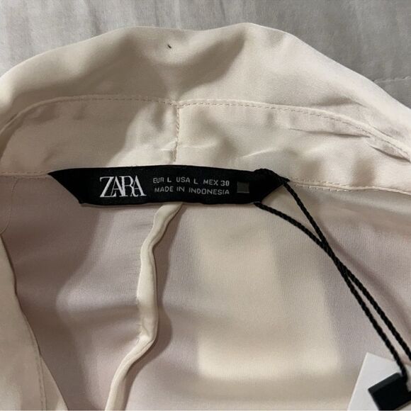 ZARA L Ivory Preppy Outer Shell Long Sleeve Front Tie Beaded Button Blouse - Picture 15 of 15